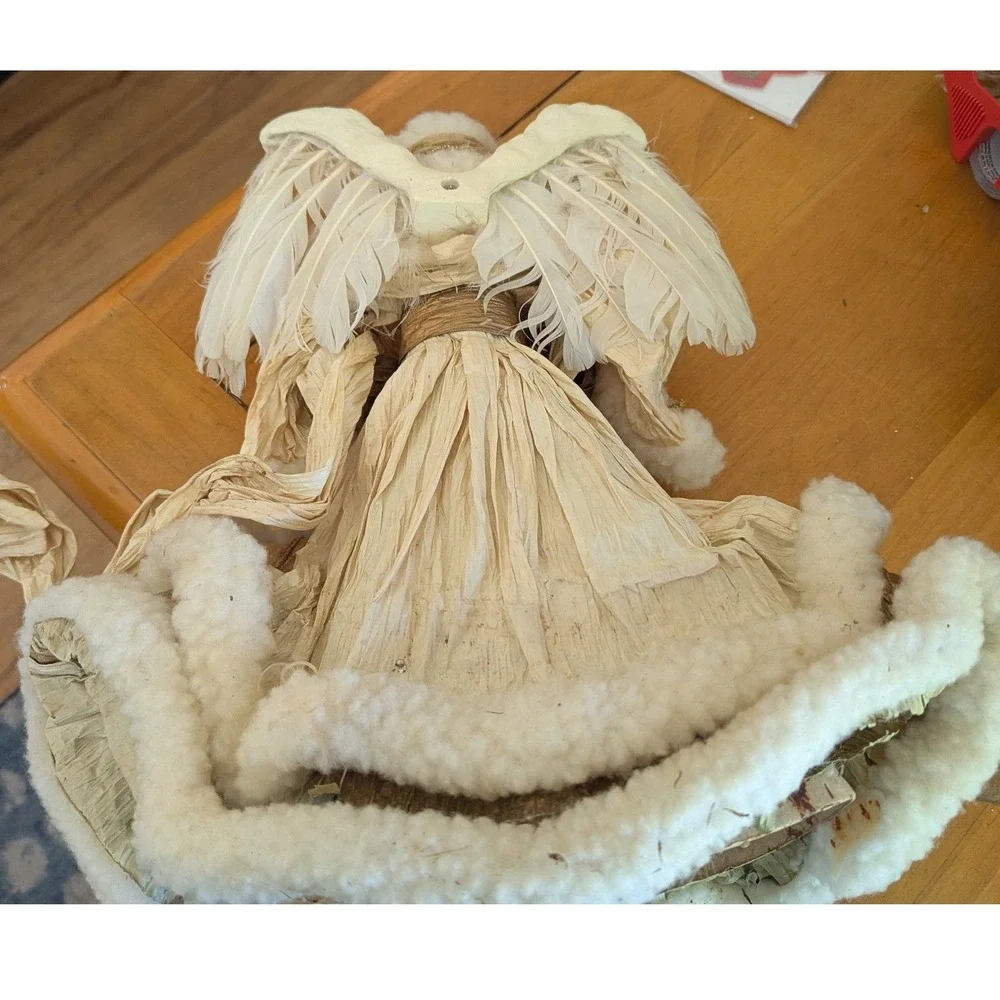 Vintage Style Porcelain Angel Christmas Tree Topper Gold Cream Faux Fur 15 Inch